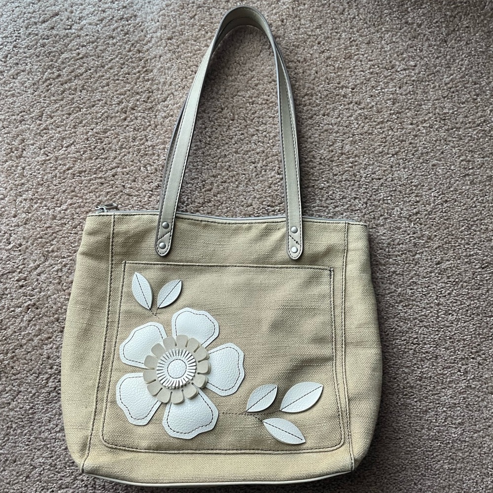 Large Vintage Fossil Relic Tote with Appliqué Floral Detailing